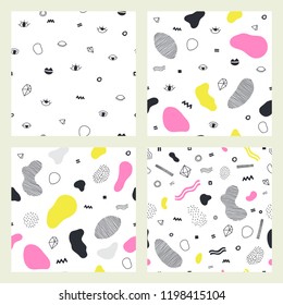 Set of abstract seamless patterns 80's-90's styles. Trendy memphis style.   Creative vector illustration for backdrop, textile print.  Vector Illustration. 