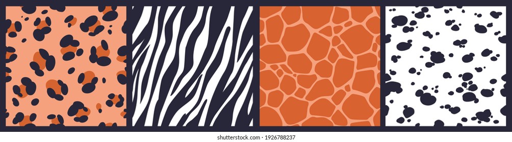 Set Of Abstract Seamless Patterns With Animal Skin Texture. Leopard, Giraffe, Zebra, Dalmatian Skin Print. Simple Irregular Geometric Design. Vector Illustration