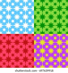 Set of abstract seamless patterns of blue, green, red, purple on a multicolored background.
