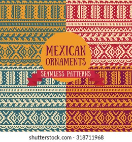 set of abstract seamless patterns in boho style, mexican colors, vector illustration