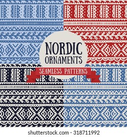 set of abstract seamless patterns in boho style, nordic colors, vector illustration