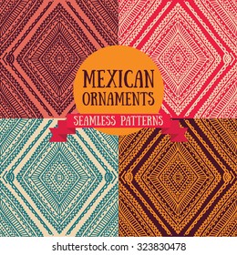 set of abstract seamless patterns in boho style, Mexican colors, vector illustration