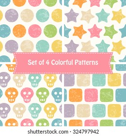 Set of abstract seamless patterns with bright colorful stars, squares, dots and skulls on a white background. Lovely childish backdrop for wrapping, packaging, textile and interior decoration