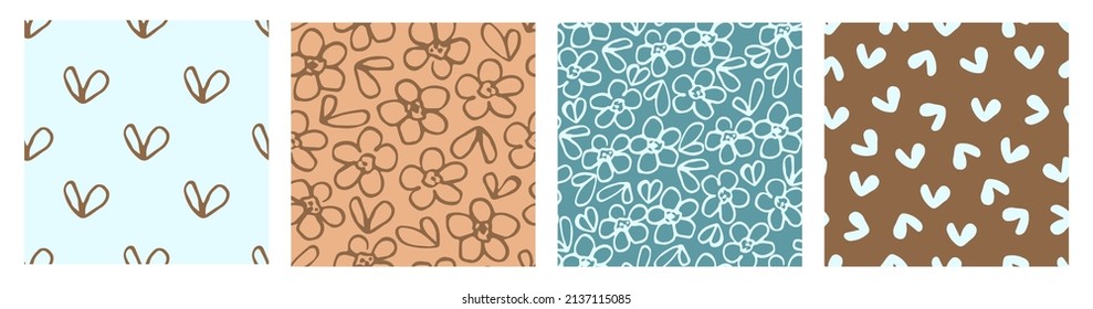 Set of abstract seamless patterns in brownish-blue tones. Flowers and hearts. For fabric prints, textile products, wrapping paper, interior decor.