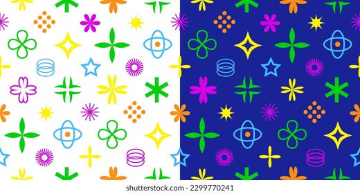 Set of abstract seamless patterns with color geometric Y2K figures on white and blue background. Vector illustration with brutalist minimalistic design elements. Contemporary aesthetic basic shapes.

