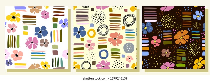 Set of abstract seamless patterns with colorful flowers and various design elements. The modern art template is suitable for printing on wallpapers, fabrics, curtains, notebooks, diaries, brochures