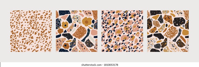 Set of abstract seamless patterns with cutout flower, turned edges geometric shapes, terrazzo flooring elements. Art collage background for creative modern surface design. Digital vector illustration