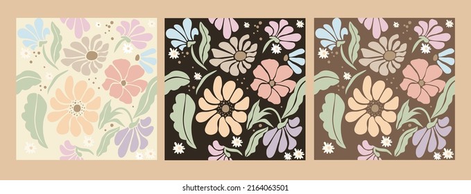 Set of Abstract seamless patterns with danish pastel daisy flowers on different backgrounds . Retro floral vector art illustration for textile, stationery, wrapping paper, covers. 60s, 70s, 80s design