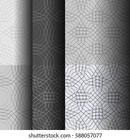 Set of abstract seamless patterns of different lines, which form geometric shapes. Background for business cards, websites, design of furniture and interior design. Vector illustration.