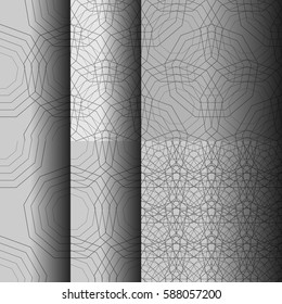 Set of abstract seamless patterns of different lines, which form geometric shapes. Background for business cards, websites, design of furniture and interior design. Vector illustration.