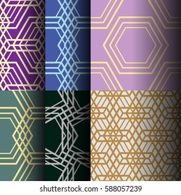 Set of abstract seamless patterns of different lines, which form geometric shapes. Background for business cards, websites, design of furniture and interior design. Vector illustration.