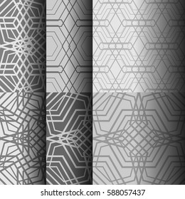 Set of abstract seamless patterns of different lines, which form geometric shapes. Background for business cards, websites, design of furniture and interior design. Vector illustration.