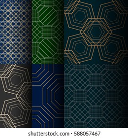 Set of abstract seamless patterns of different lines, which form geometric shapes. Background for business cards, websites, design of furniture and interior design. Vector illustration.