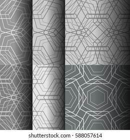 Set of abstract seamless patterns of different lines, which form geometric shapes. Background for business cards, websites, design of furniture and interior design. Vector illustration.