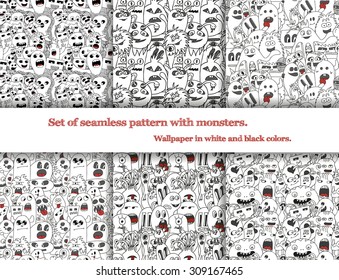 Set of abstract seamless patterns with doodle monsters in black and white colors. Six seamless patterns on art-boards and in swatches.