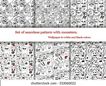 Set of abstract seamless patterns with doodle monsters in black and white colors. Six seamless patterns on art-boards and in swatches