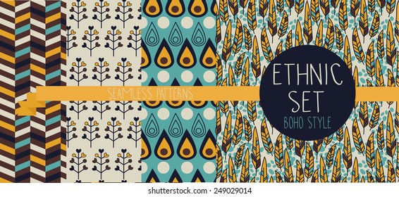 set of abstract seamless patterns, feathers and ethnic decorative elements, boho palette, indian american style, vector illustration