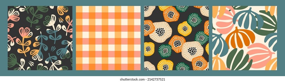 Set of abstract seamless patterns with flowers. Modern design for paper, cover, fabric, interior decor and other use.