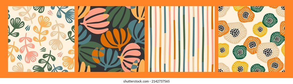 Set of abstract seamless patterns with flowers. Modern design for paper, cover, fabric, interior decor and other use.