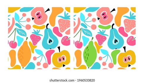 Set of abstract seamless patterns with fruits and berries. Pattern for postcards, banners and fabrics. Bright colors. Abstract spots and fruits. On white background.