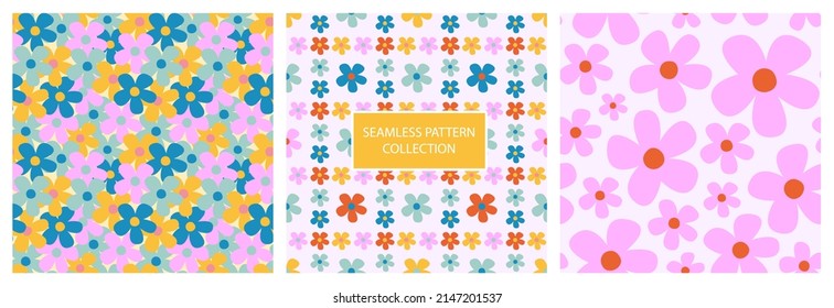 Set of abstract seamless patterns with groovy daisy flowers. Three colorful retro floral vector wallpaper for surface design. Decorative hippy vintage floral background.