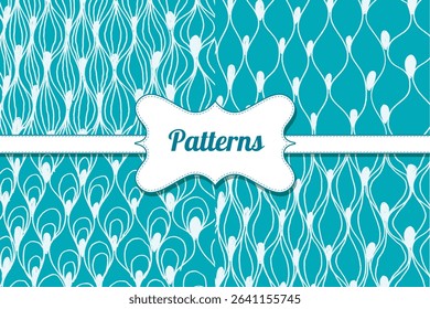 Set with abstract seamless patterns with hand drawn lines, waves, drops. White ornate on blue background.