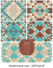 set of abstract seamless patterns, kaleidoscope ornaments, boho palette, vector illustration