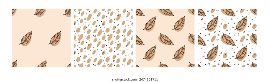 Set of abstract seamless patterns with leaves. Hand drawn vector with autumn Falling leaves and geometrical spots. Autumn weather. Repeated Background for wallpaper, wrapping, packing, textile