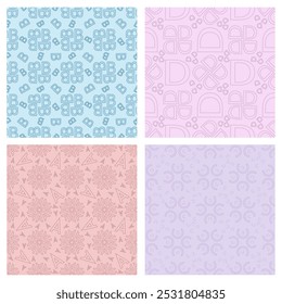 Conjunto de padrões sem emenda abstratos com letras A B C D em cores suaves para fundos, papel de parede, mídia social, têxtil, capa.