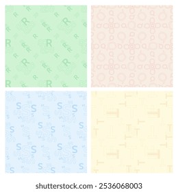 Set of abstract seamless patterns with letters Q R S T in soft colors for backgrounds, wallpaper, social media, textile, cover.