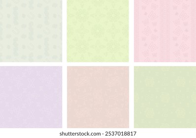 Set of abstract seamless patterns with letters U V W X Y Z in soft colors for backgrounds, wallpaper, social media, textile, cover.