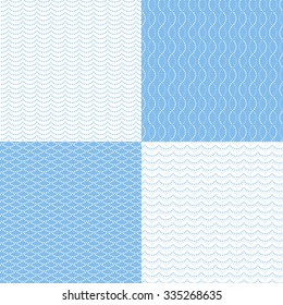 Set of abstract seamless patterns. Lines from dots on white and blue background