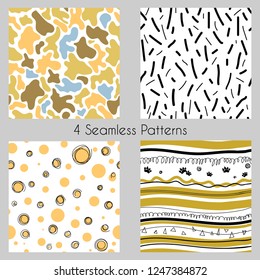 Set of abstract seamless patterns with ornament, hand drawing, on theme of Africa. White background. design of kids clothes, nursery textiles,  posters, greeting cards. Scandinavian style illustration