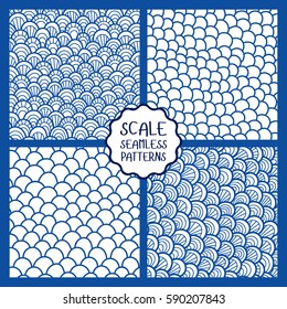 Set of abstract seamless patterns. Seamless pattern of hand drawn scale. Graphic ornament. Reptile skin texture.
