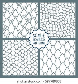Set of abstract seamless patterns. Seamless pattern of hand drawn scale. Graphic ornament. Reptile skin texture.