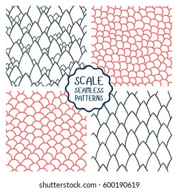 Set of abstract seamless patterns. Seamless pattern of hand drawn scale. Graphic ornament. Reptile skin texture.