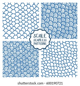 Set of abstract seamless patterns. Seamless pattern of hand drawn scale. Graphic ornament. Reptile skin texture.