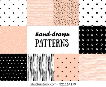 Set of abstract seamless patterns in pink, white and black