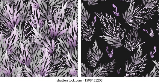 Set of abstract seamless patterns with plant leaves on a black background. Vector with gray and pink contours and silhouettes. Hand drawing for textile, wallpaper, tile