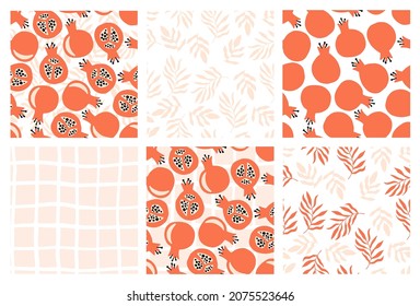 Conjunto de patrones abstractos sin costura con granada, hojas y fondo de malla. Frutos dibujados a mano, hojas, malla. Verano tropical interminable fondo con granada. Patrón armenio de Garnet. 