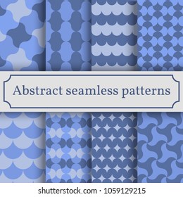 Set of abstract seamless patterns from primitive figures in blue tones
