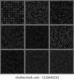 Set of abstract seamless patterns of small elements or pixels of various shapes in black colors