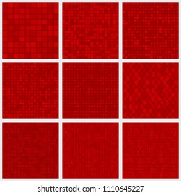 Set of abstract seamless patterns of small elements or pixels of various shapes in red colors