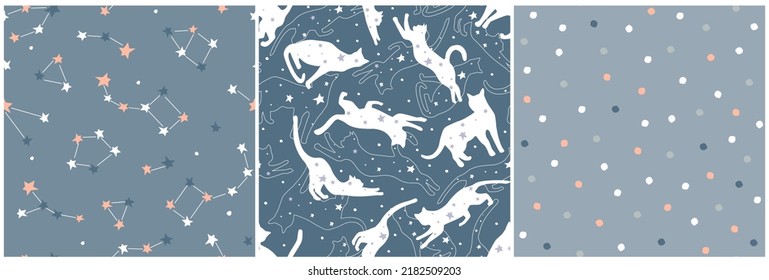 A set of abstract seamless patterns with space. Silhouettes of cats in the starry sky, constellations. Vector graphics.