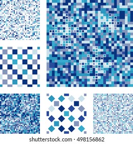 Set of abstract seamless patterns with squares. Blue mosaic vector background in minimal style