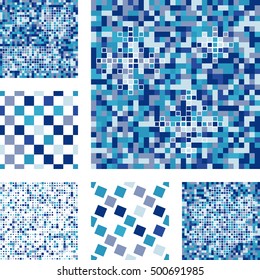 Set of abstract seamless patterns with squares. Blue mosaic vector background in minimal style