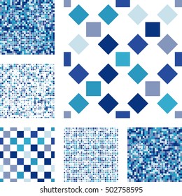 Set of abstract seamless patterns with squares. Blue mosaic vector background in minimal style