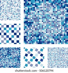 Set of abstract seamless patterns with squares. Blue mosaic vector background in minimal style