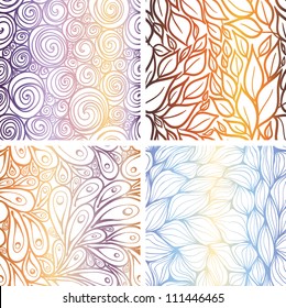 Set of abstract seamless patterns: swirls, leaves, peacocks, waves.
