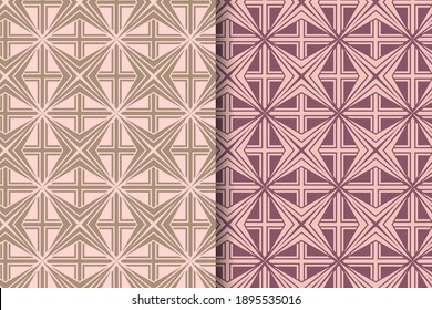 Set of abstract seamless patterns template design. The elements of pattern are x cross and square use soft brown and pink colors isolated on pastel background.